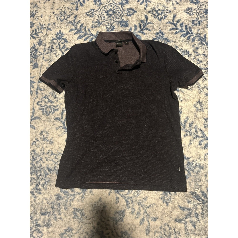 HUGO BOSS Black Striped Short Sleeve Polo Shirt Tailored Size Xl Slim Fit